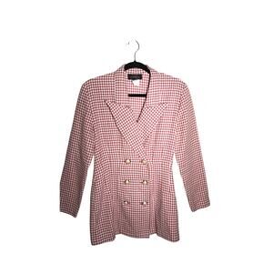 VTG La Belle Plaid Double Breasted Blazer Size 5 Pink & White Checkered Longline